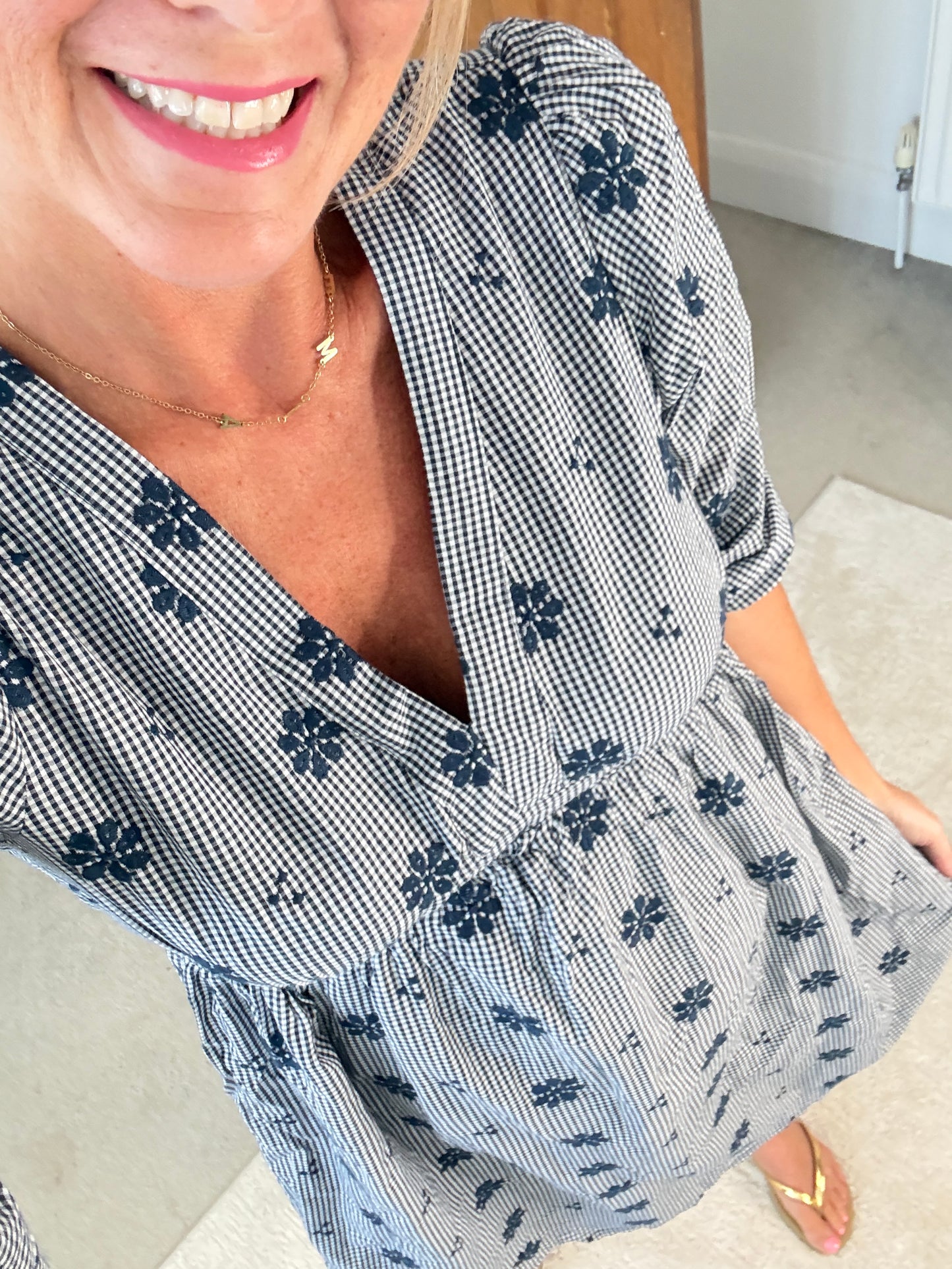 Navy Check Floral Embroidered Dress