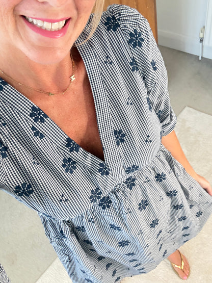 Navy Check Floral Embroidered Dress