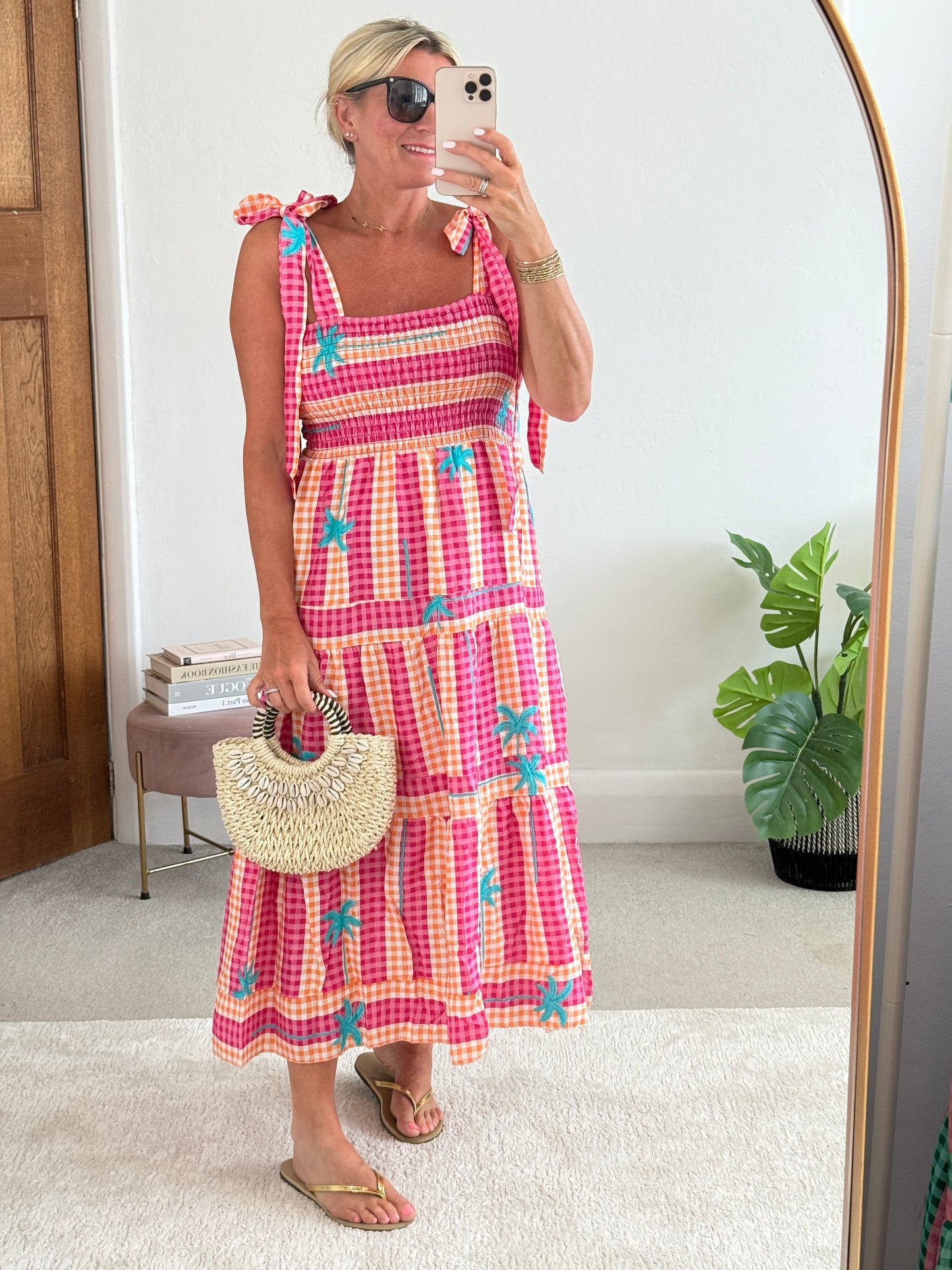 Pink/Orange Gingham/Palm Shirred Maxi Dress