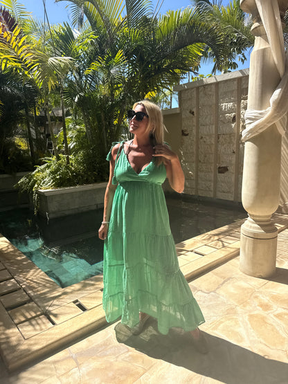 Kelly Green Tie Strap Tiered Maxi Dress