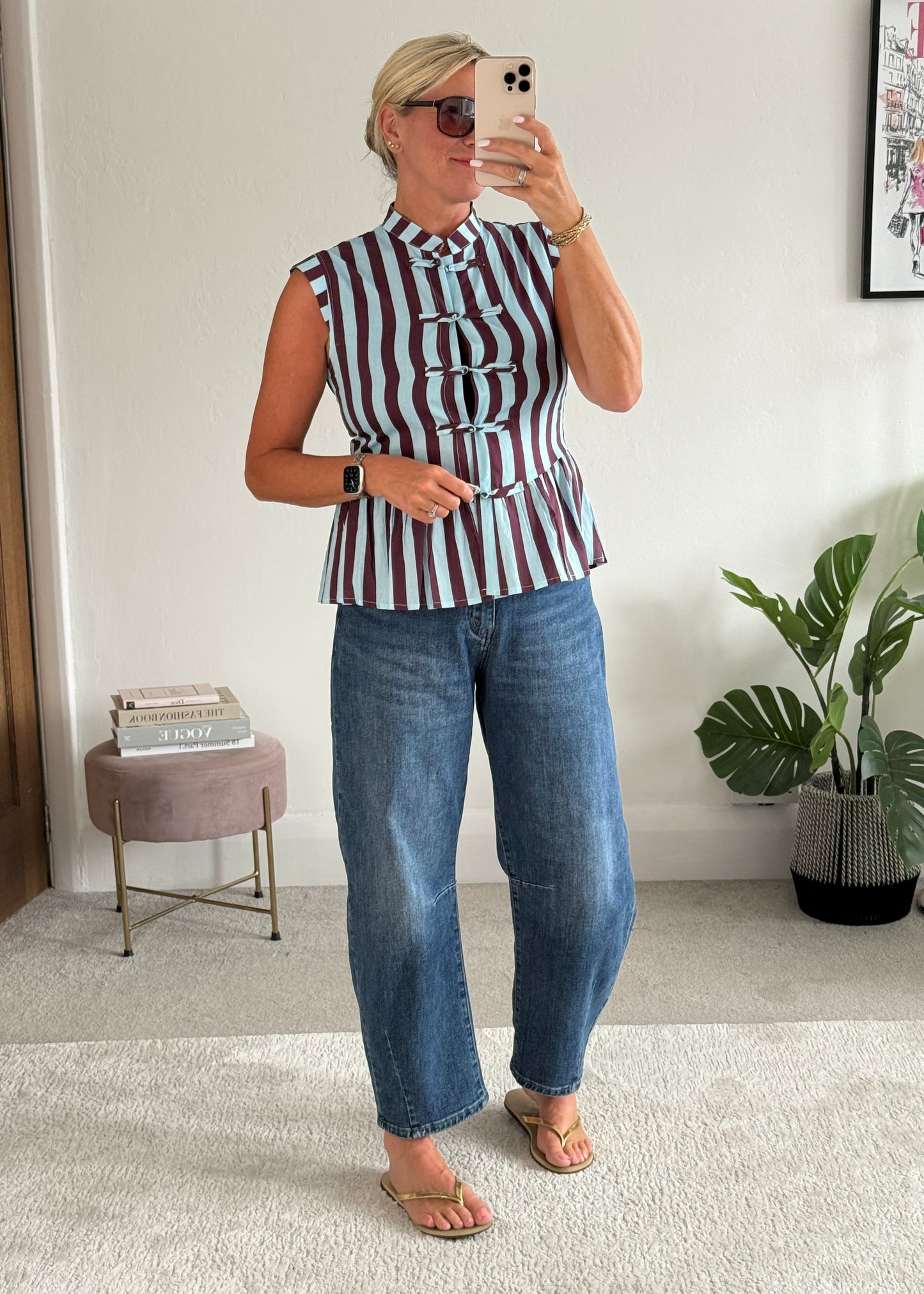 Blue/Plum Mandarin Collar Stripe Peplum Top