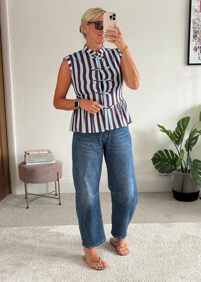 Blue/Plum Mandarin Collar Stripe Peplum Top