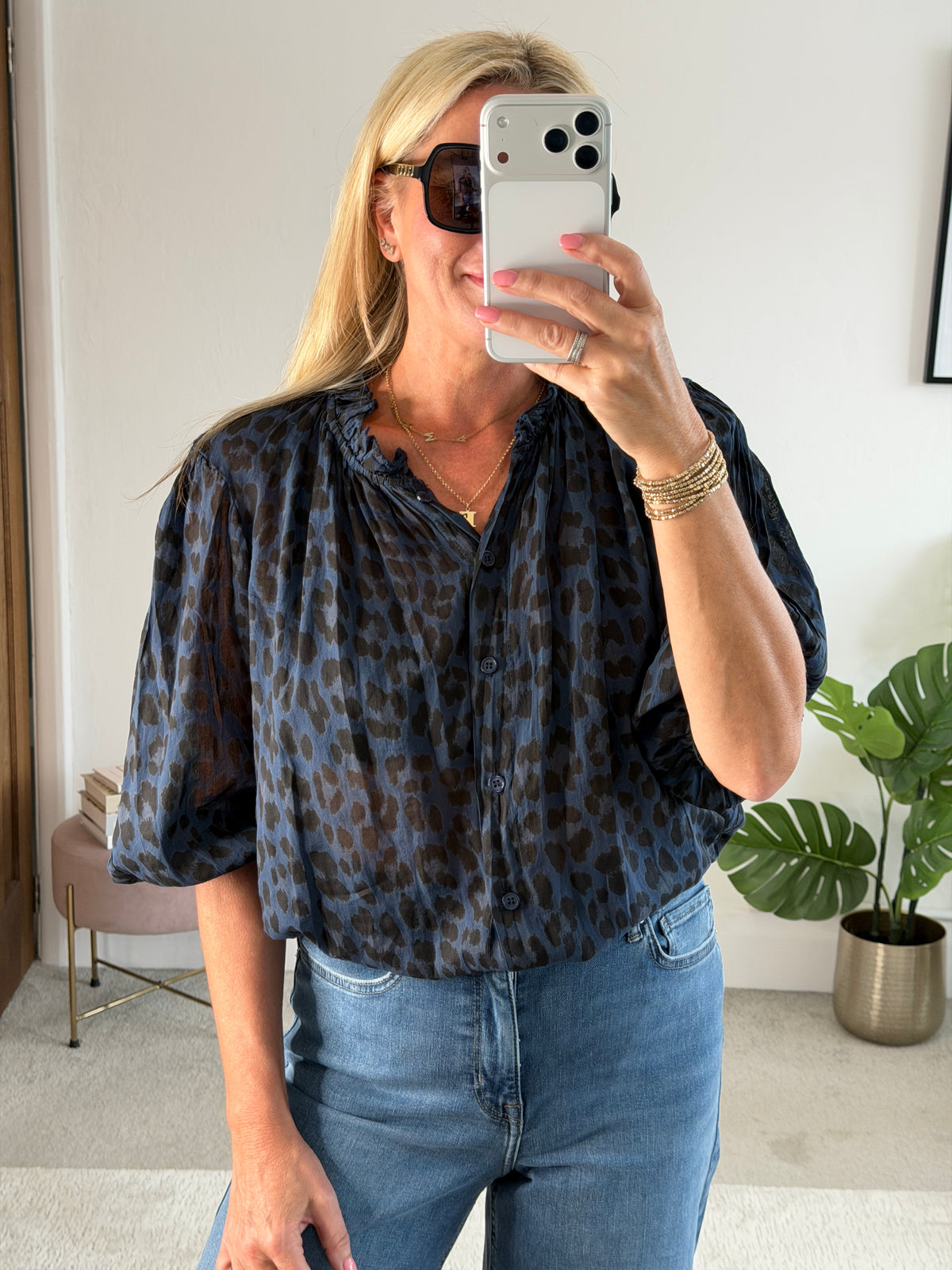 Navy Leopard 3/4 Puff Sleeve Blouse