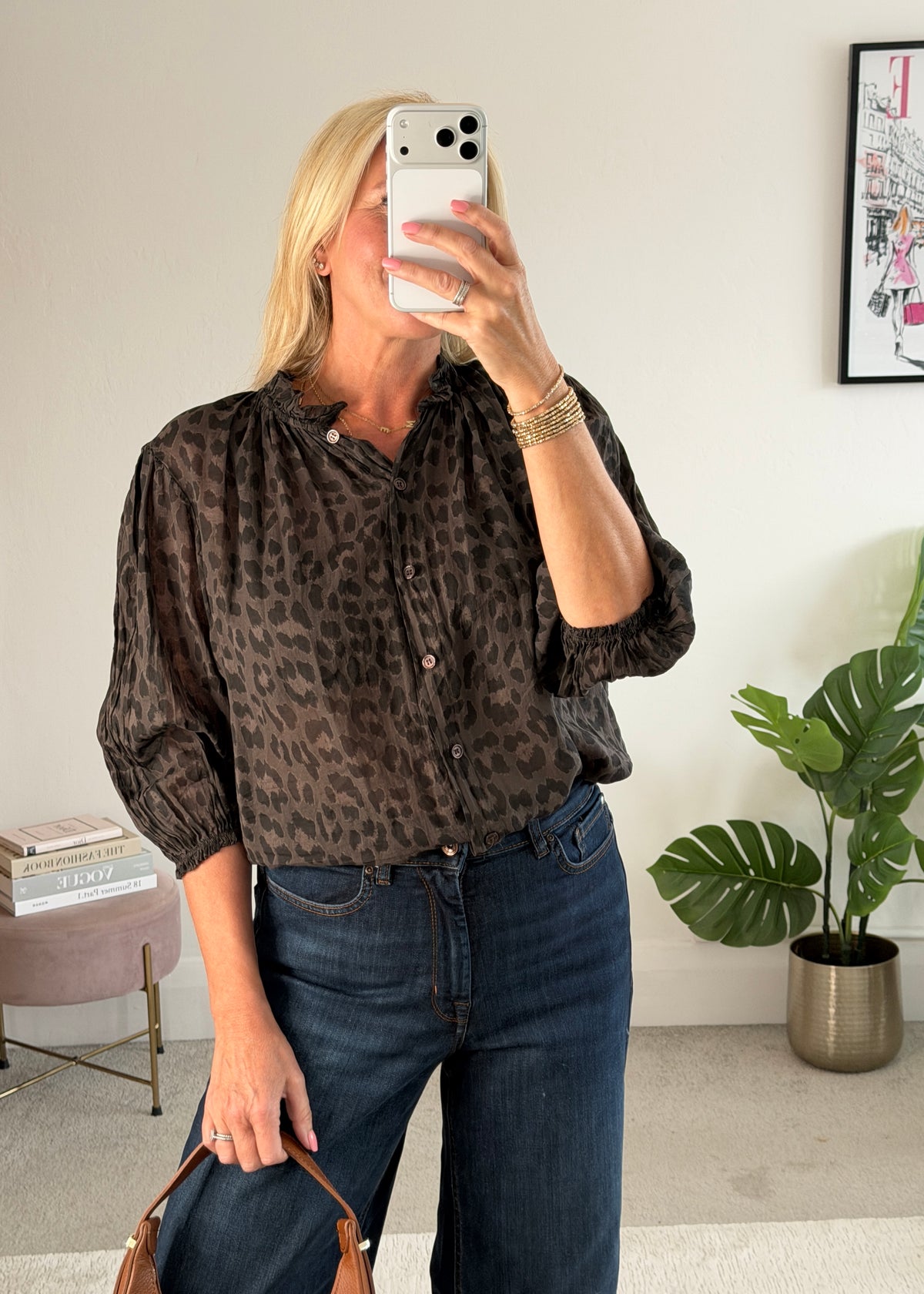 Chocolate Leopard 3/4 Puff Sleeve Blouse