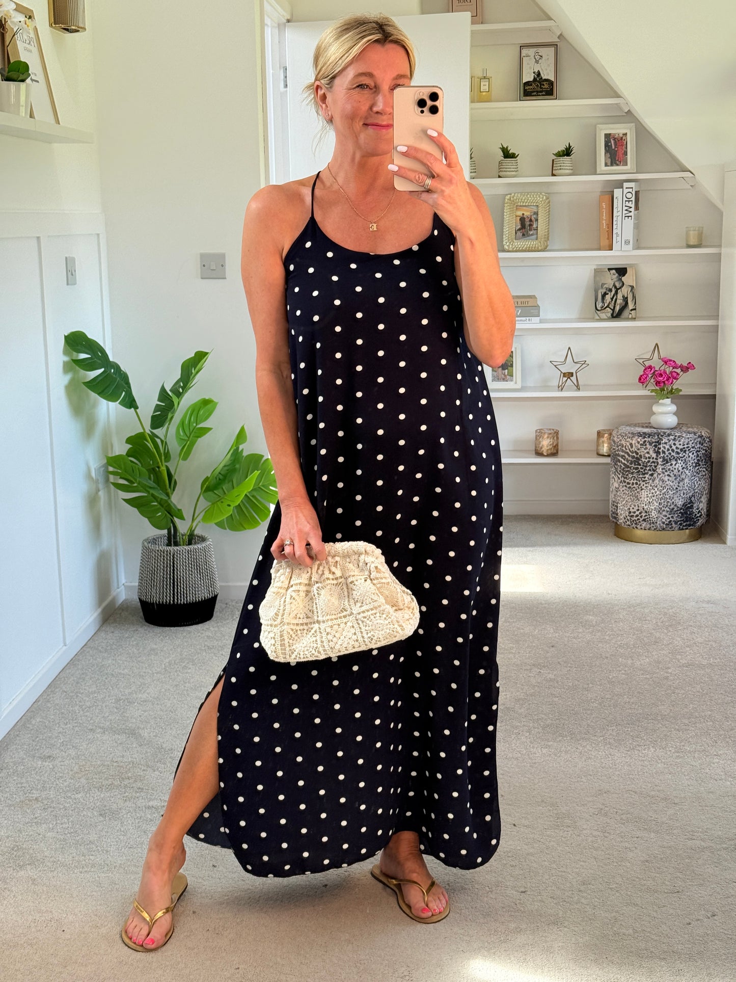 Navy/White Polka Dot Strappy Maxi Dress