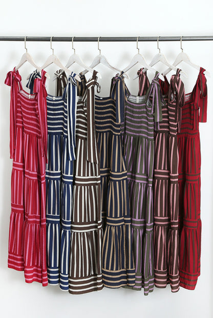 Pink/Red Striped Shirred Maxi Dress