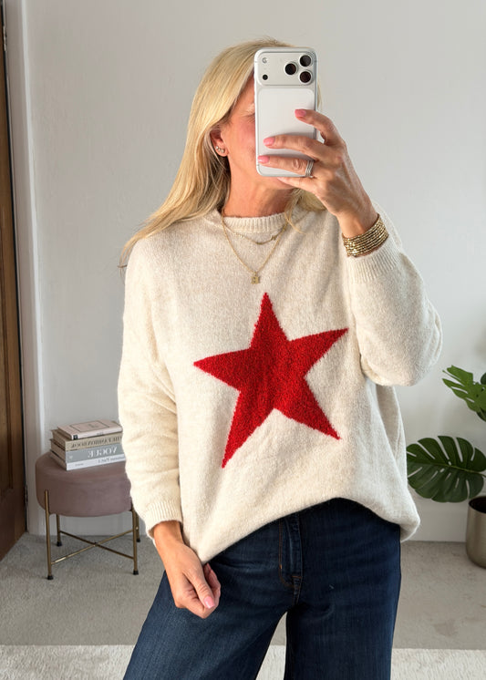 Oatmeal/Red Star Crew Neck Jumper