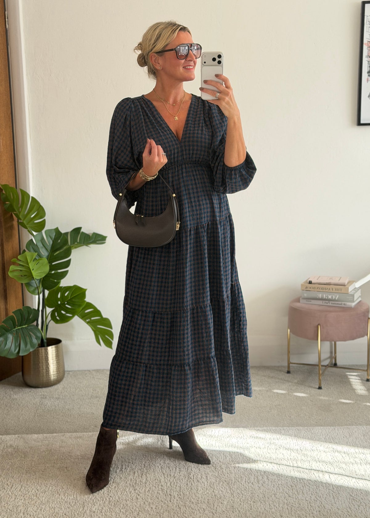 Navy Heritage Check V-Neck Tiered Dress