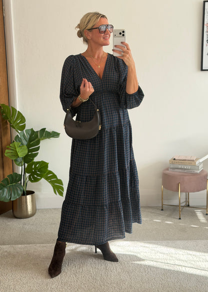 Navy Heritage Check V-Neck Tiered Dress