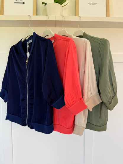 Champagne Silk Mix 1/2 Sleeve Bomber Jacket