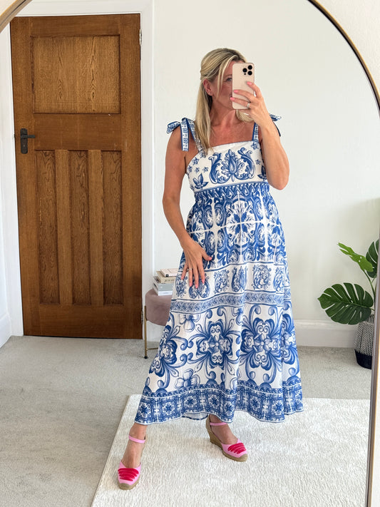 Blue Baroque Tie Strap Dress