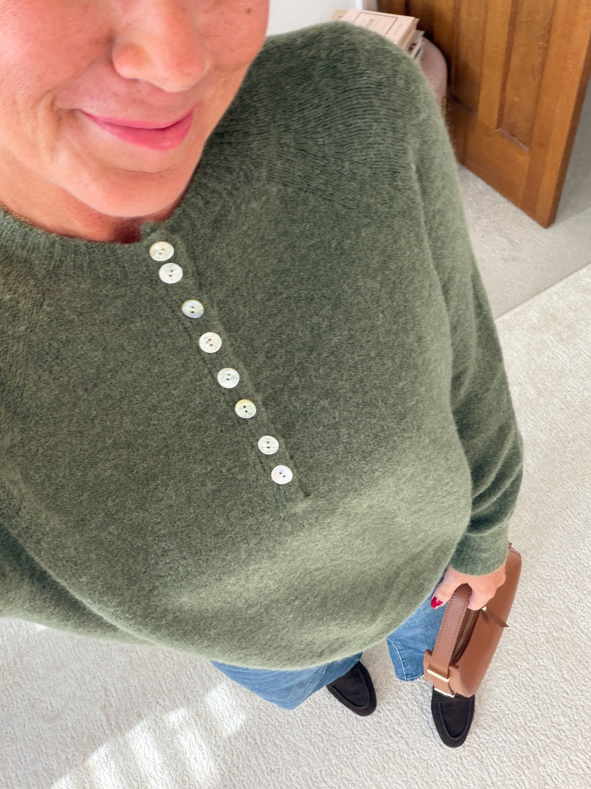 Khaki Alpaca Mix Button Jumper