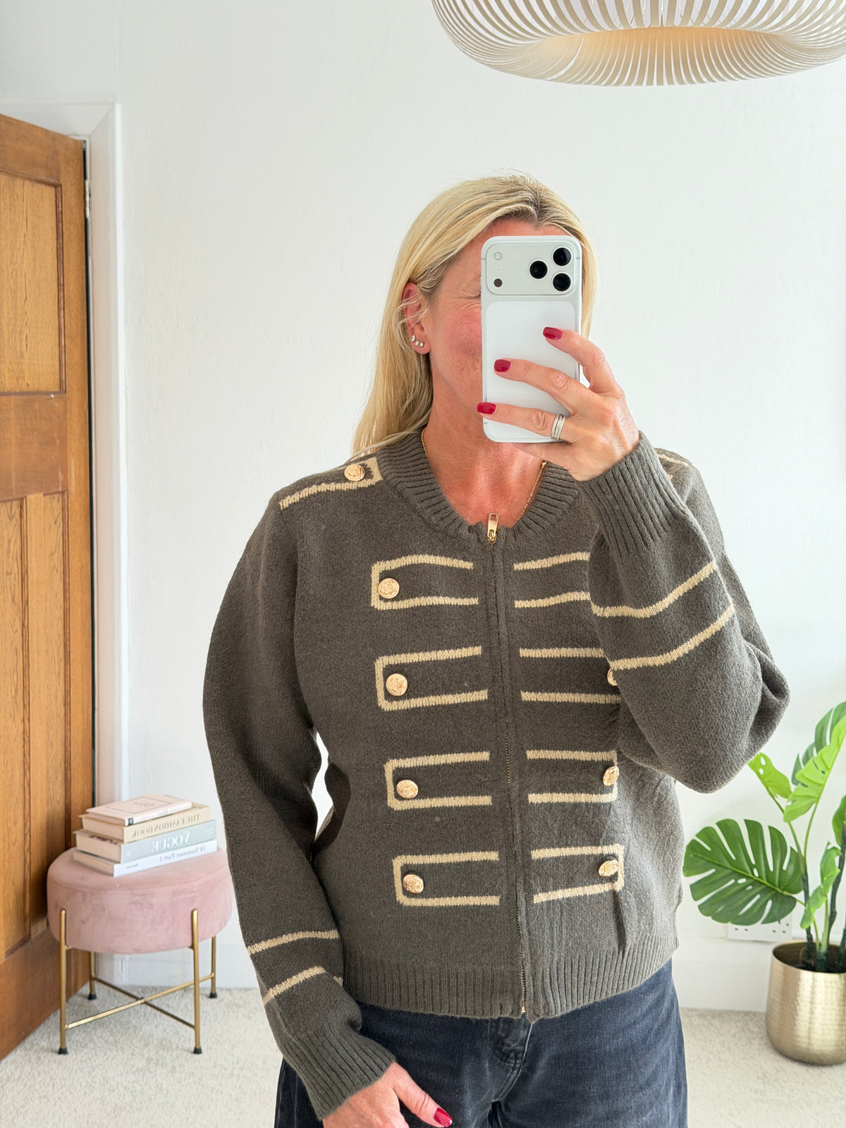 Khaki Military Zip Front Knitted Cardi