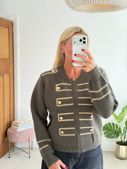 Khaki Military Zip Front Knitted Cardi