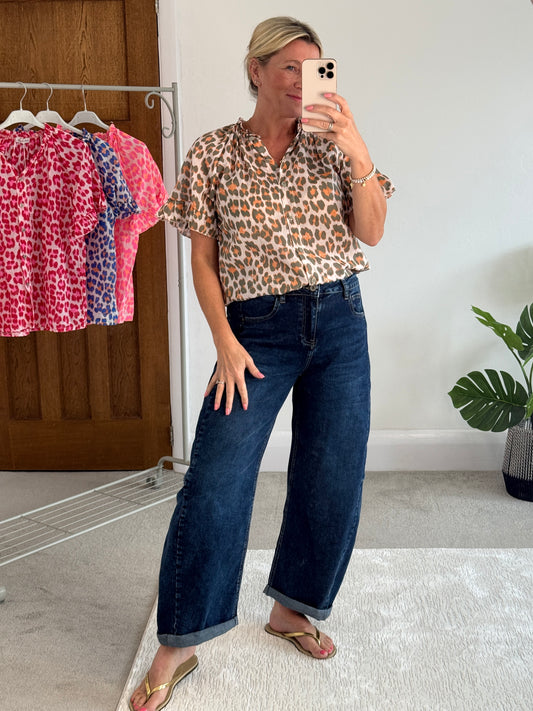 Khaki/Orange Leopard Frill Sleeve Blouse