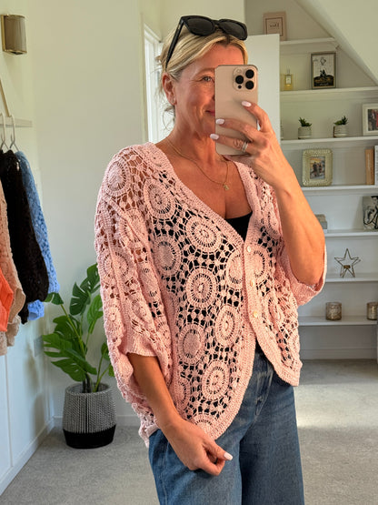 Baby Pink Circle Design Crochet Cardigan