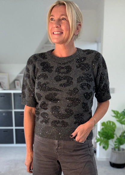 Dk Grey Sequin Animal S/S Jumper