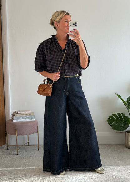 Navy Heritage Check Frill Collar Blouse