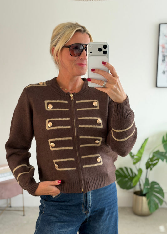 Chocolate Military Zip Front Knitted Cardi