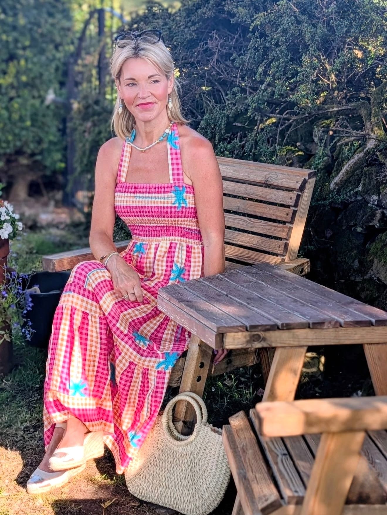 Pink/Orange Gingham/Palm Shirred Maxi Dress