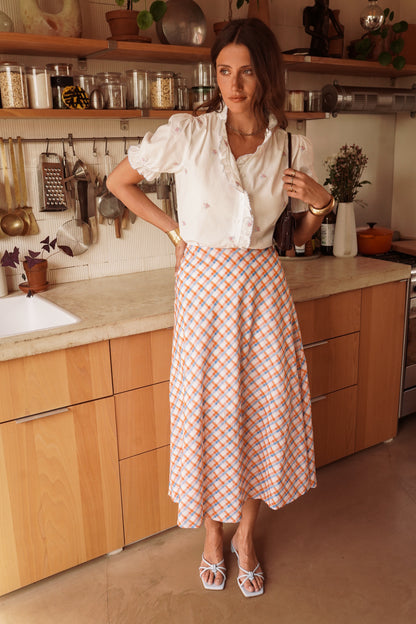 Orange/Blue Retro Check Flared Midi Skirt