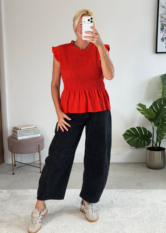 Red Smocked Peplum Top