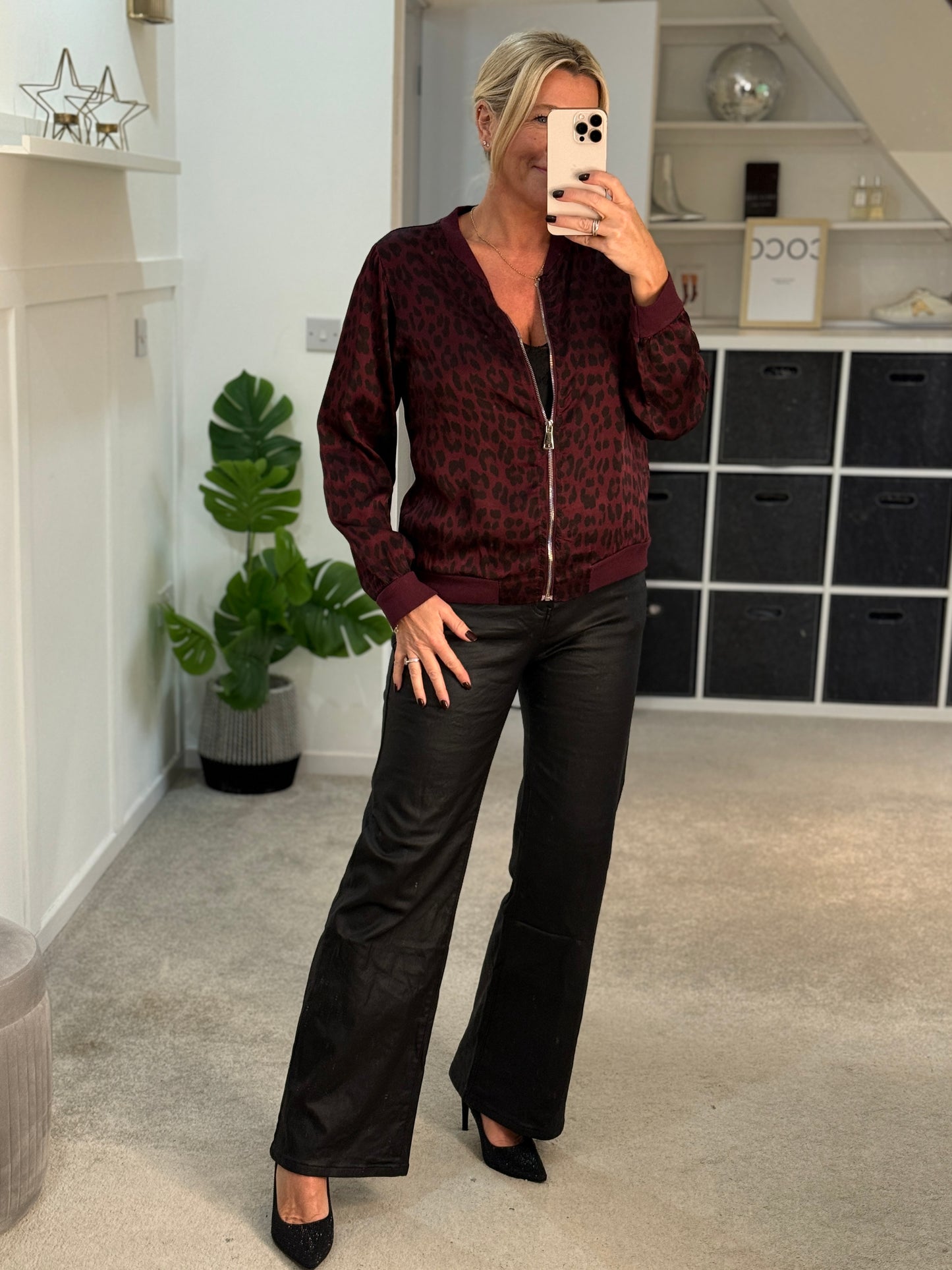 Burgundy Leopard Silk Mix Bomber Jacket