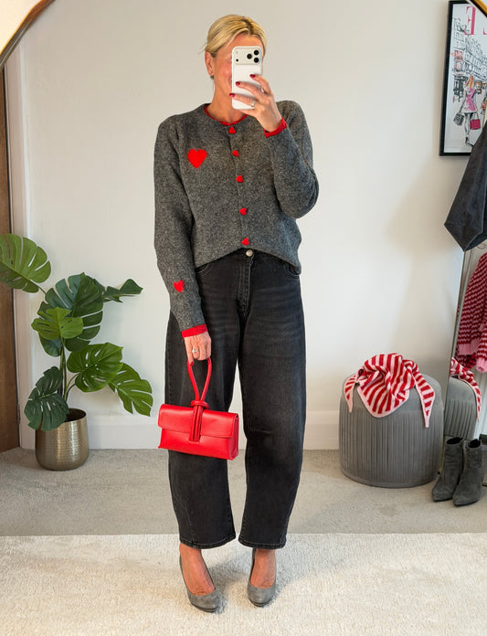 Grey/Red ❤️ Heart Button Cardigan