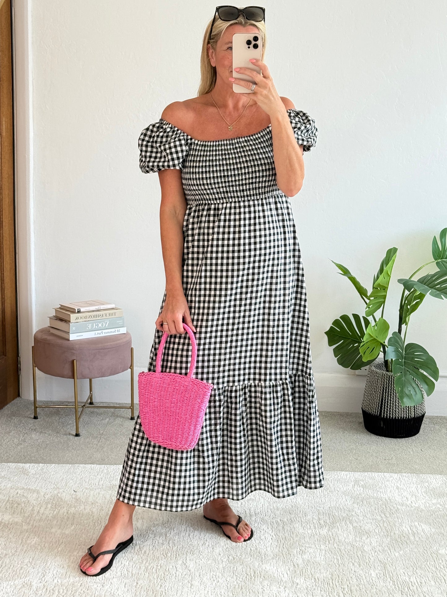 Black/White Gingham Bardot Maxi Dress
