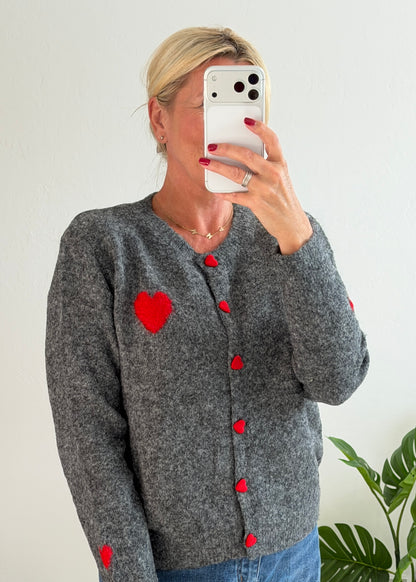 Grey/Red ❤️ Heart Button Cardigan