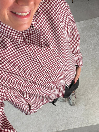 Burgundy Check Funnel Neck Jacket