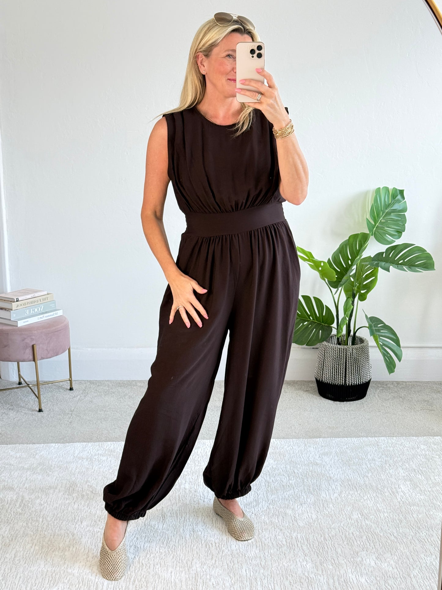 Chocolate Elasticated Sleeveless Harem Jumpsuit