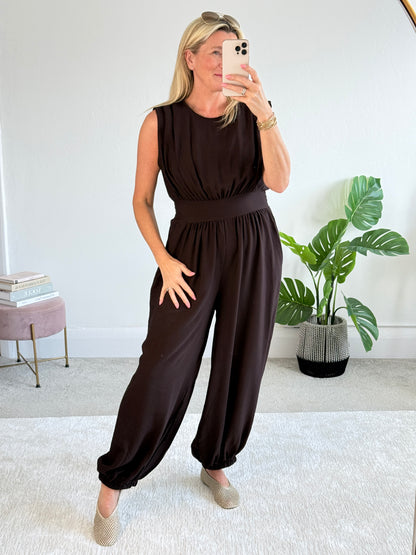 Chocolate Elasticated Sleeveless Harem Jumpsuit