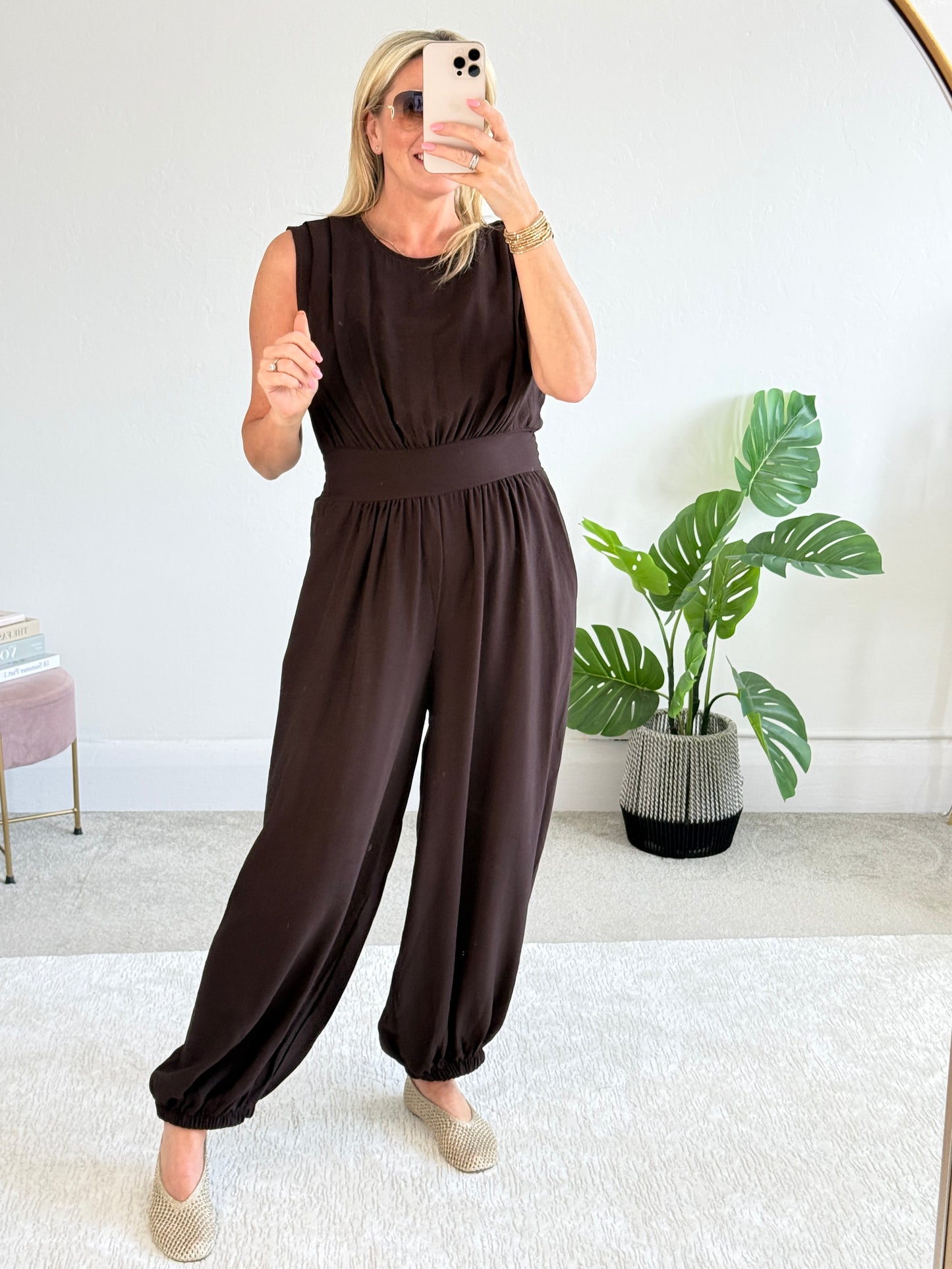 Chocolate Elasticated Sleeveless Harem Jumpsuit