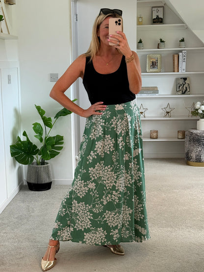 Sage/Oatmeal Botanical Floral Midi Skirt