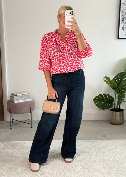 Pink Leopard 3/4 Puff Sleeve Blouse