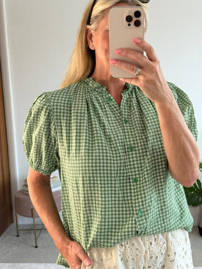 Khaki Gingham Frill Sleeve Blouse