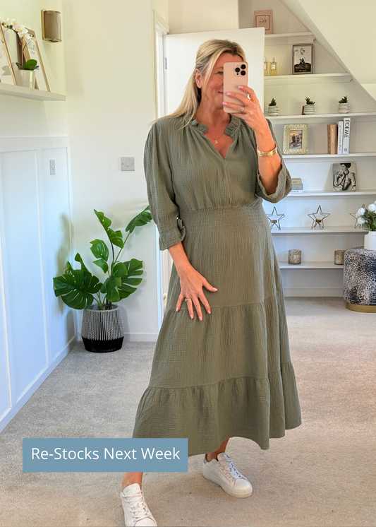 Khaki Cotton Cheesecloth V-Neck Tiered Dress