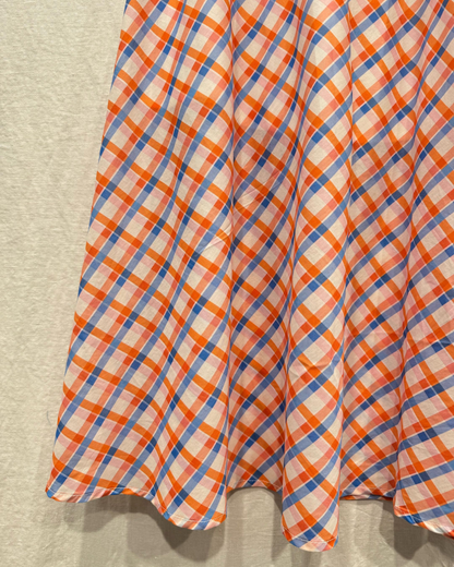 Orange/Blue Retro Check Flared Midi Skirt