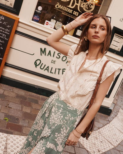 Oatmeal Frill Sleeve Lace Embroidered Blouse