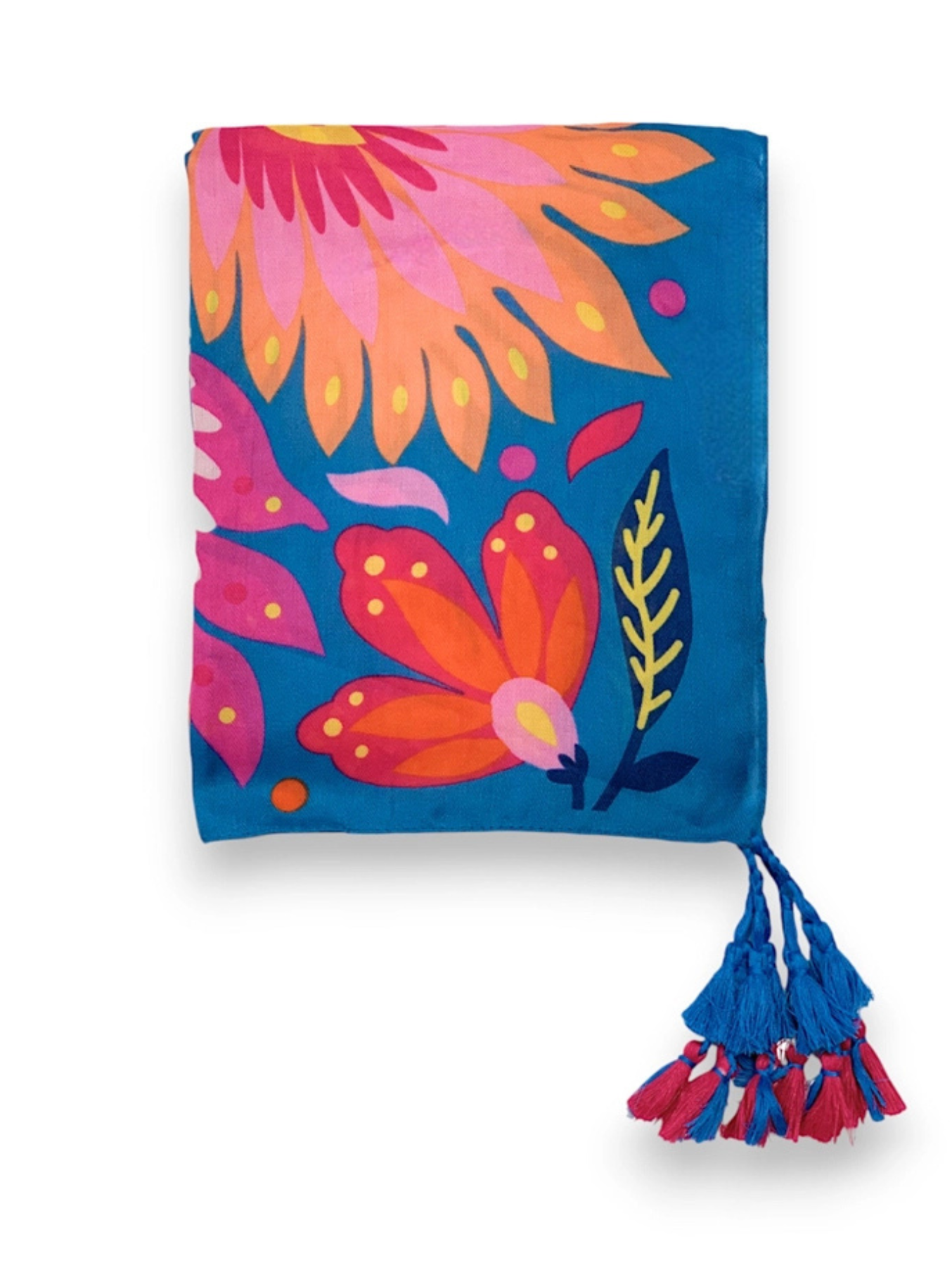 Blue Lotus Print Tassel Square Scarf