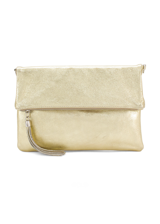 Gold Metallic Leather Fold-Over Clutch Bag