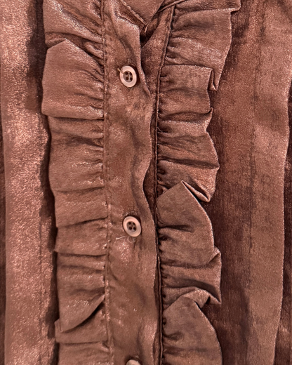 Chocolate Metallic Ruffle Front Blouse