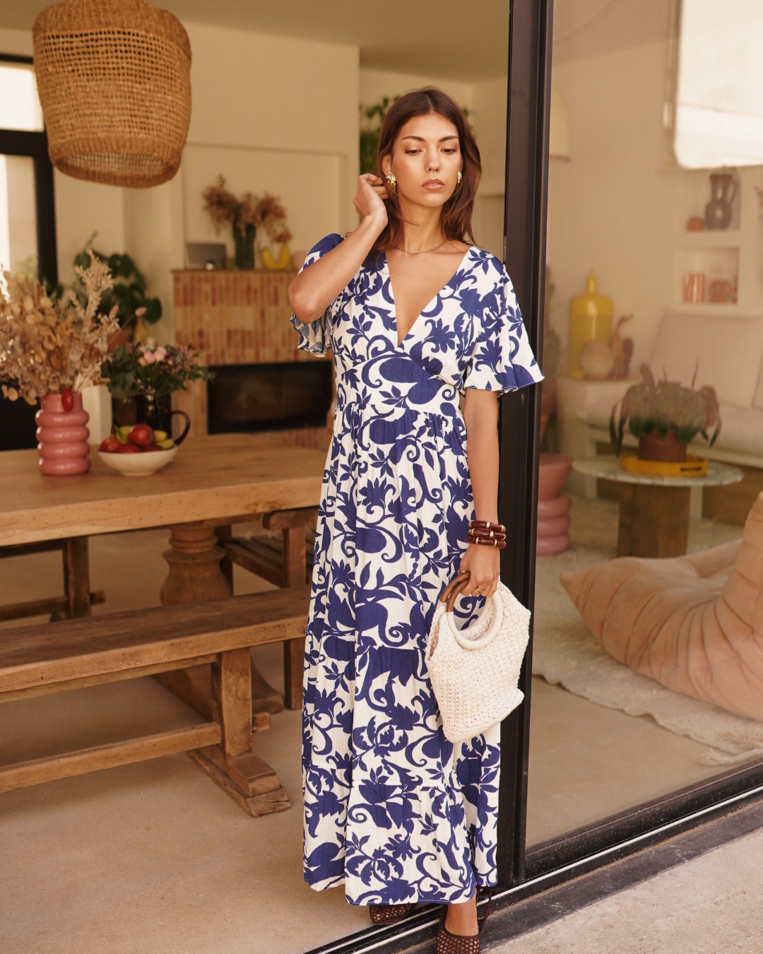 Navy Botanical Floral Print Maxi Dress