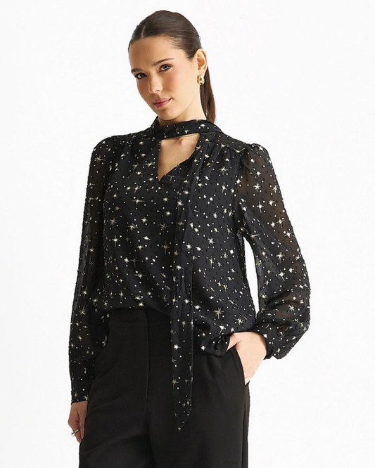 Black Dobby Star Chiffon Tie Neck Blouse