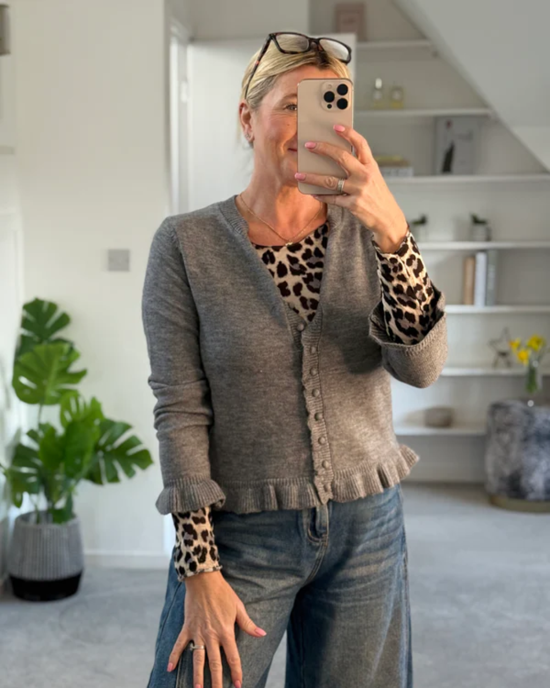 Grey Ruffled Buttoned Cardigan