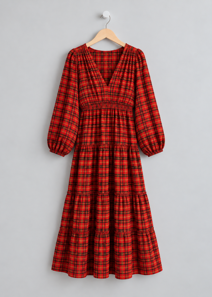 Navy Heritage Check V-Neck Tiered Dress