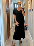 Black Short Sleeve Satin Slip Dress