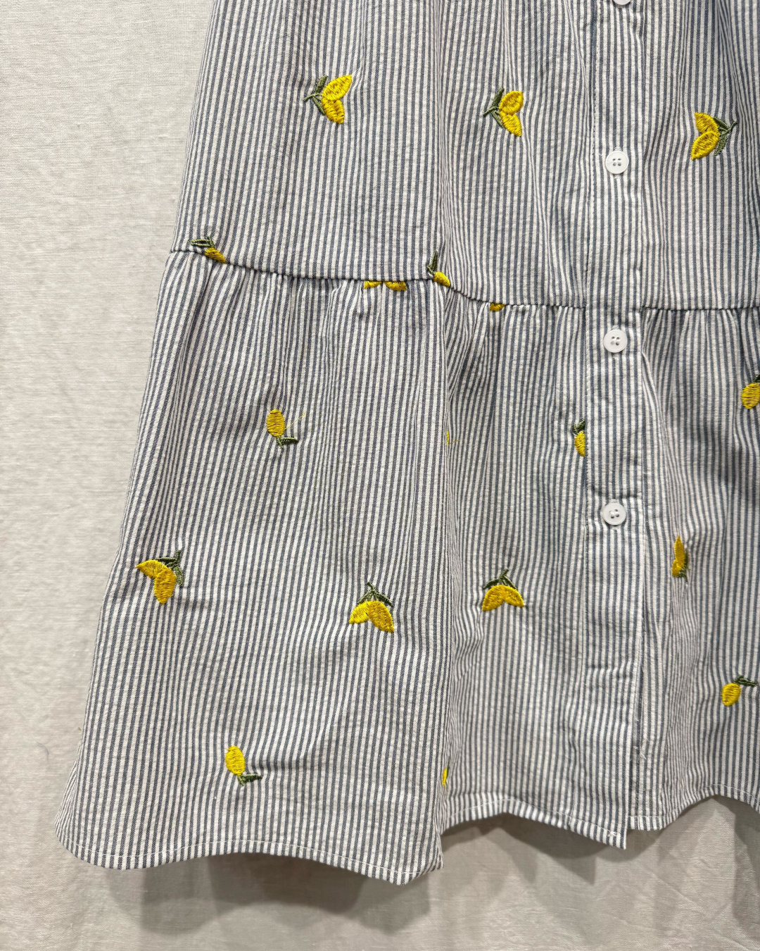 Navy Stripe Lemon Embroidered Tiered Dress