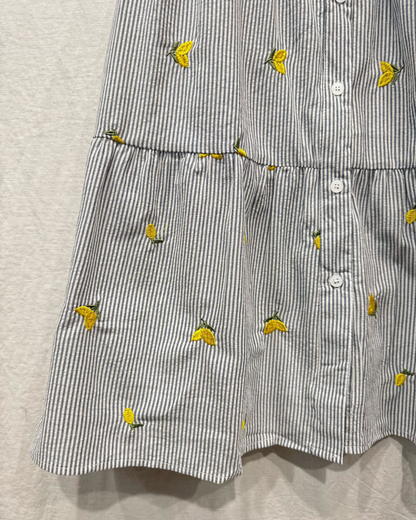 Navy Stripe Lemon Embroidered Tiered Dress